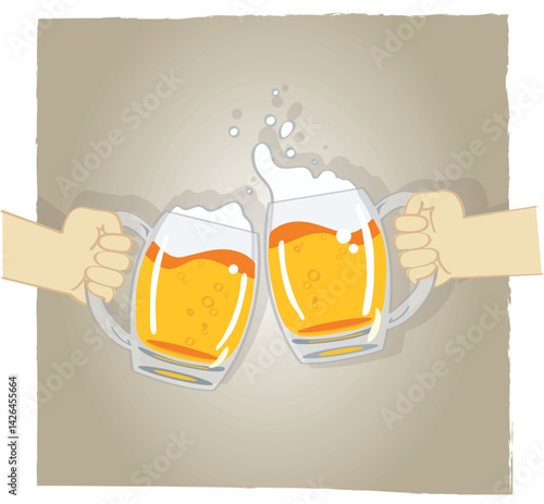Vector illustration of two clinking beer glasses in a celebratory toast. Great for Oktoberfest posters, pub menus, party invites, and festive designs with a beer theme
