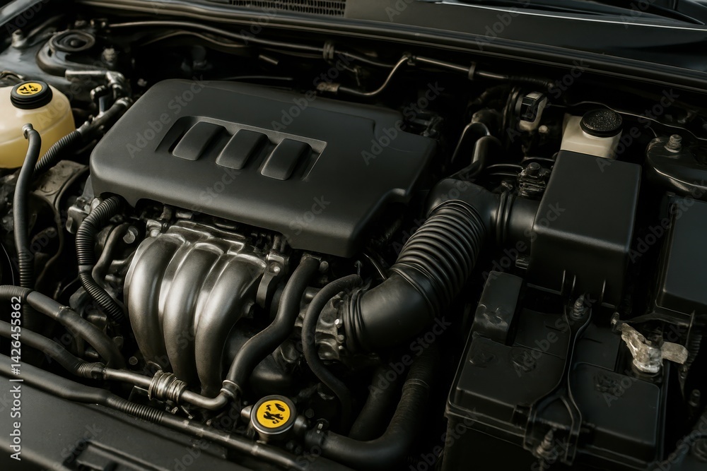 Fototapeta premium Close-Up View of a Car Engine with Detailed Components and Design