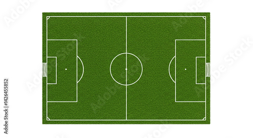 A top down view of a soccer field with white lines and goals on a black background in a digital image