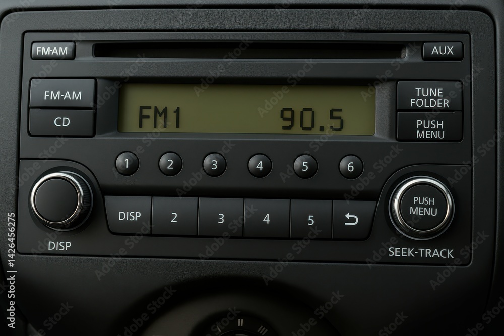 Close-Up of Car Radio Display Showing FM Frequency in Vehicle Close-Up of Car Radio Display Showing FM Frequency in Vehicle