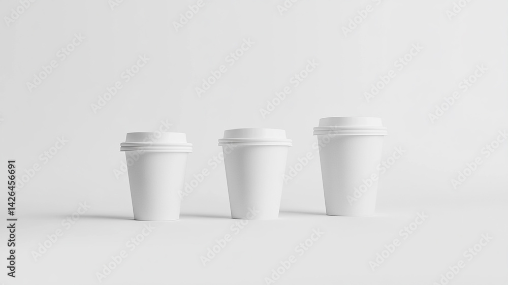 Three different sizes of white paper coffee cups on a white background. Three different sizes of white paper coffee cups on a white background.