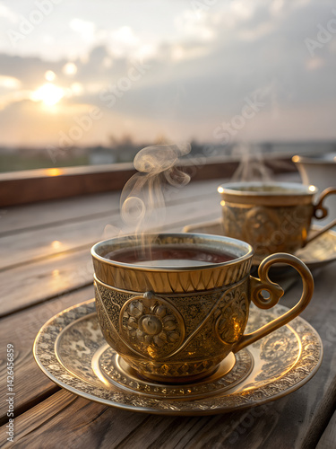 Ornate Golden Teacups with Steam in Warm Evening Light