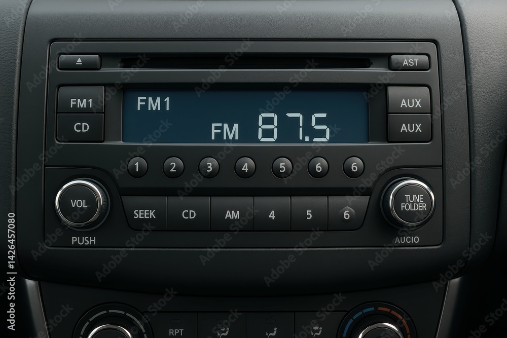 Fototapeta premium Modern Car Stereo System Displaying FM Radio Station 87.5