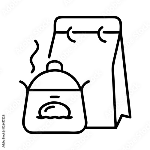 Container with ready-made food with steam next to paper eco bag with snacks, vector illustration