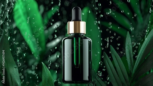 Symbolize of moisture hydrating. Dark glass dropper bottle surrounded by lush green foliage.