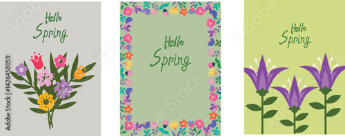 Spring set of cutest cards or posters for the spring holiday with wildflowers, tulips, daisies. Hand drawn Floral art templates for Womens Day, birthday, Mothers Day, Easter decoration and greeting