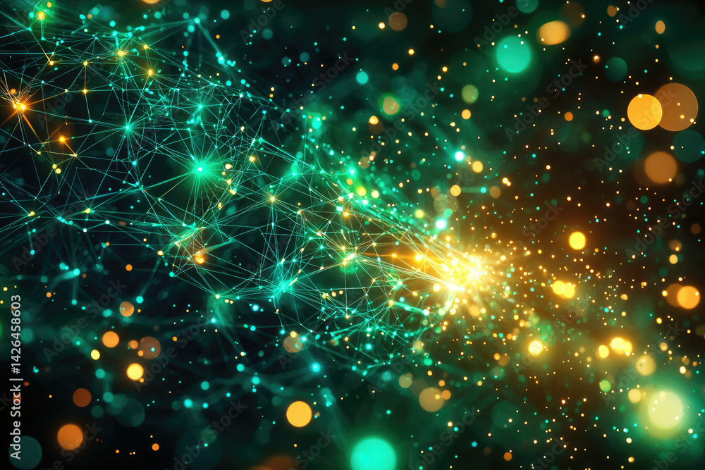 Obraz premium Abstract network of glowing teal lines and nodes, merging into a bright golden burst of light.