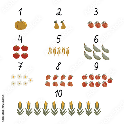 Vector illustration in flat cartoon style. Counting poster from 1 to 10 with pumpkins, pears, apples, strawberries, wheat, zucchini, tomatoes, raspberries, and corn. Isolated on white background.