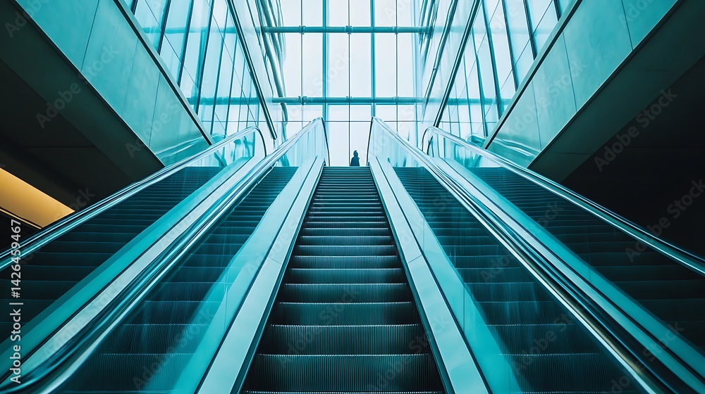 Person Ascending Escalator in Modern Architectural Building with Glass Ceiling Person Ascending Escalator in Modern Architectural Building with Glass Ceiling