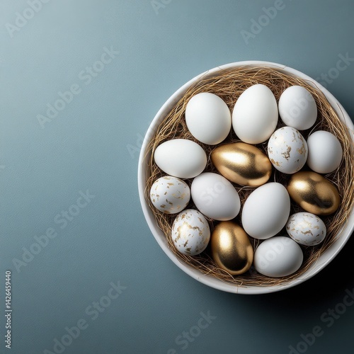 A bowl of eggs with gold and white shells