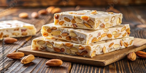 Traditional Italian torrone nougat made with whole roasted almonds and honey, placed on a wooden table , honey, food,  honey