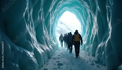 Wallpaper Mural Group exploring a glowing blue ice cave tunnel representing adventure and discovery against a bright exit light Torontodigital.ca