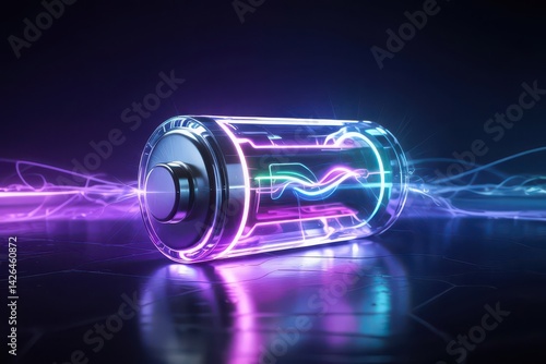 Futuristic neon battery with electric energy