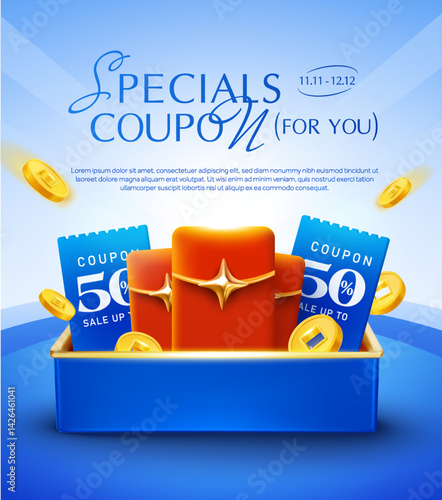 3d coupons with gift envelope, golden coins in a gift box, isolated on white background. Gift voucher cash back giveaway showcase for discount event. 3d gift voucher coupon vector. Vector illustration