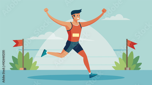 A triathlete their legs aching and lungs burning crossing the finish line after completing the grueling marathon portion of the race.. Vector illustration