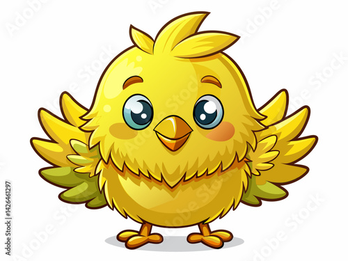 A high-quality vector illustration of a fluffy yellow cartoon chick with tiny wings and a round body, isolated on a white background