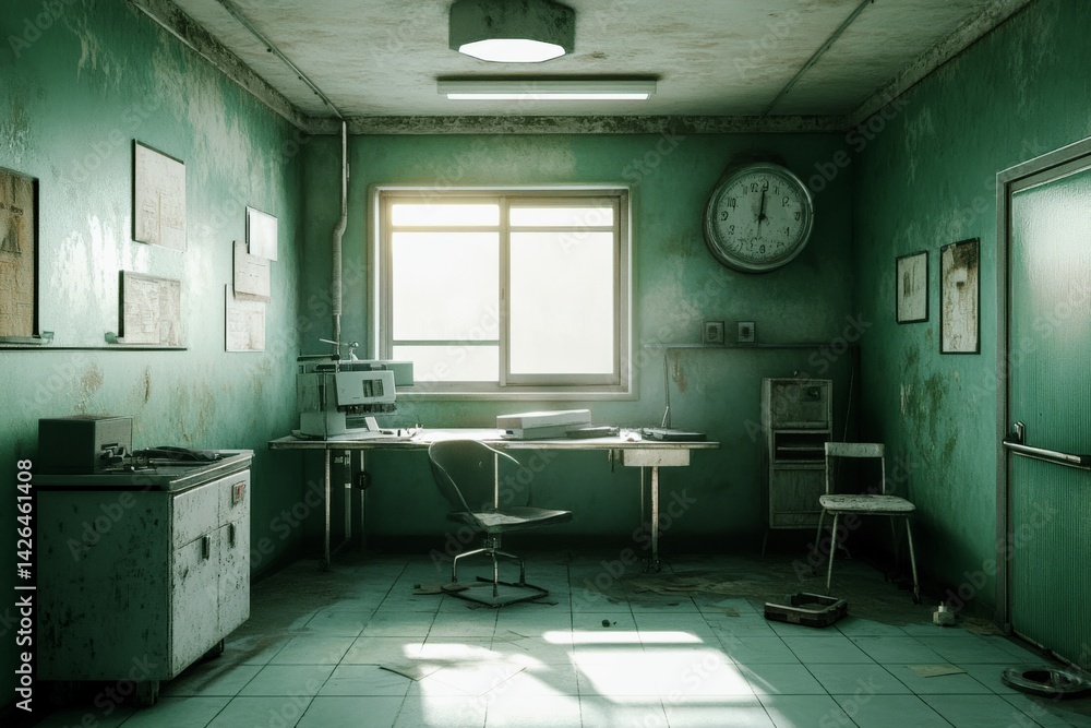 Abandoned medical office with vintage equipment and decayed green walls