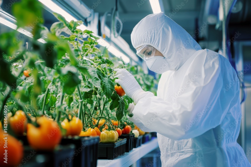 Researcher in protective suit working with tomato plants in a modern agriculture lab