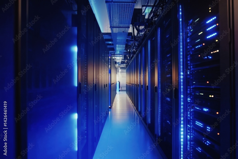 Long corridor in modern data center with illuminated blue server racks