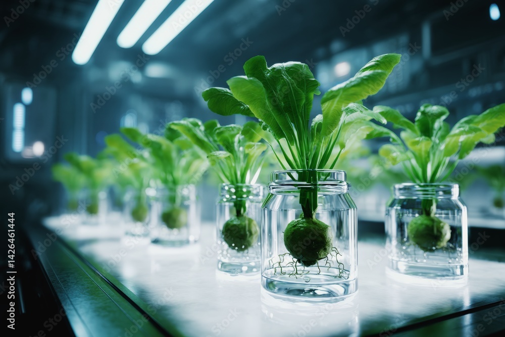 Hydroponic plants growing in glass jars in a high-tech laboratory environment