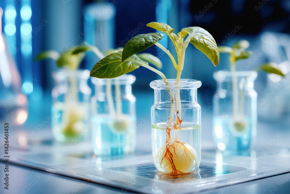 Bioengineered plant growing in laboratory glass jar for scientific research