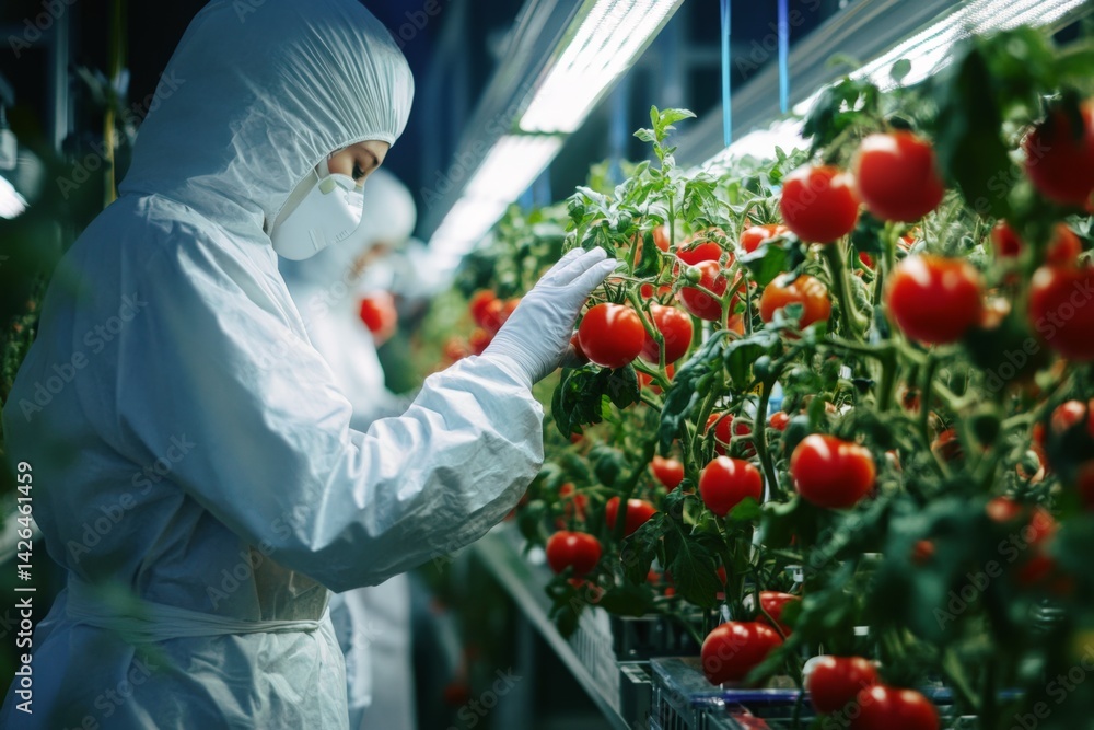 Scientist inspecting tomatoes in a high-tech indoor farming laboratory