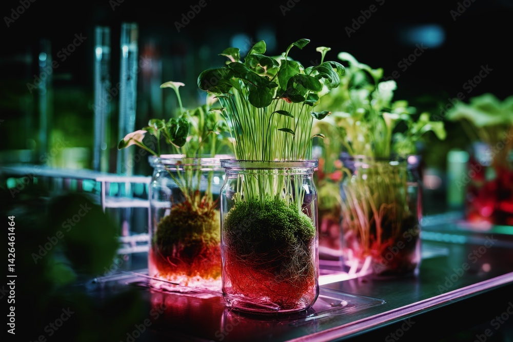 Bioengineered plants growing in illuminated laboratory jars with vibrant colors