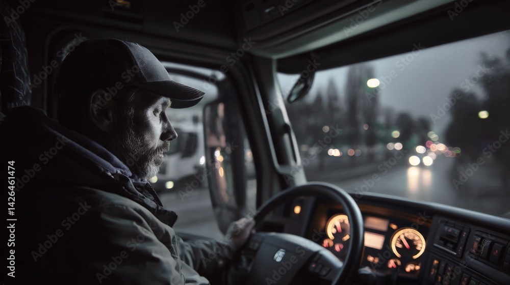 Truck driver focused on the road during nighttime driving through a city