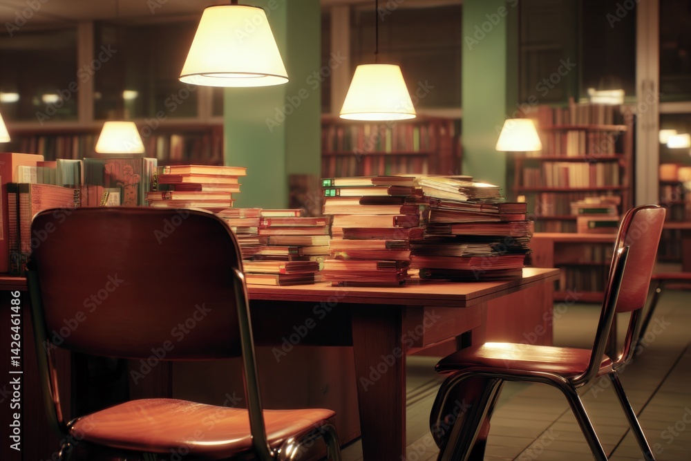 Stacked books on wooden tables in a cozy library interior at night
