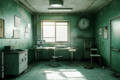 Abandoned medical office with vintage equipment and decayed green walls