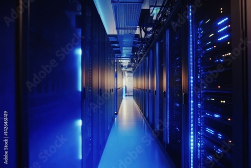 Obraz na płótnie Long corridor in modern data center with illuminated blue server racks w salonie