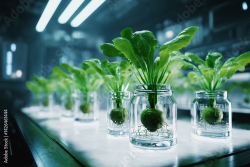 Obraz na płótnie Hydroponic plants growing in glass jars in a high-tech laboratory environment w salonie