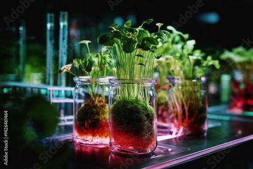 Obraz na płótnie Bioengineered plants growing in illuminated laboratory jars with vibrant colors w salonie