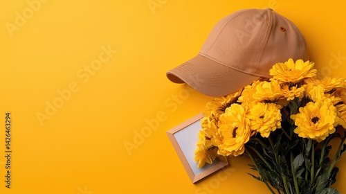 A yellow background with a hat and a bunch of yellow flowers