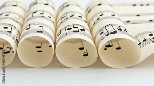Close-up of rolled music sheets with musical notes for an artistic composition.