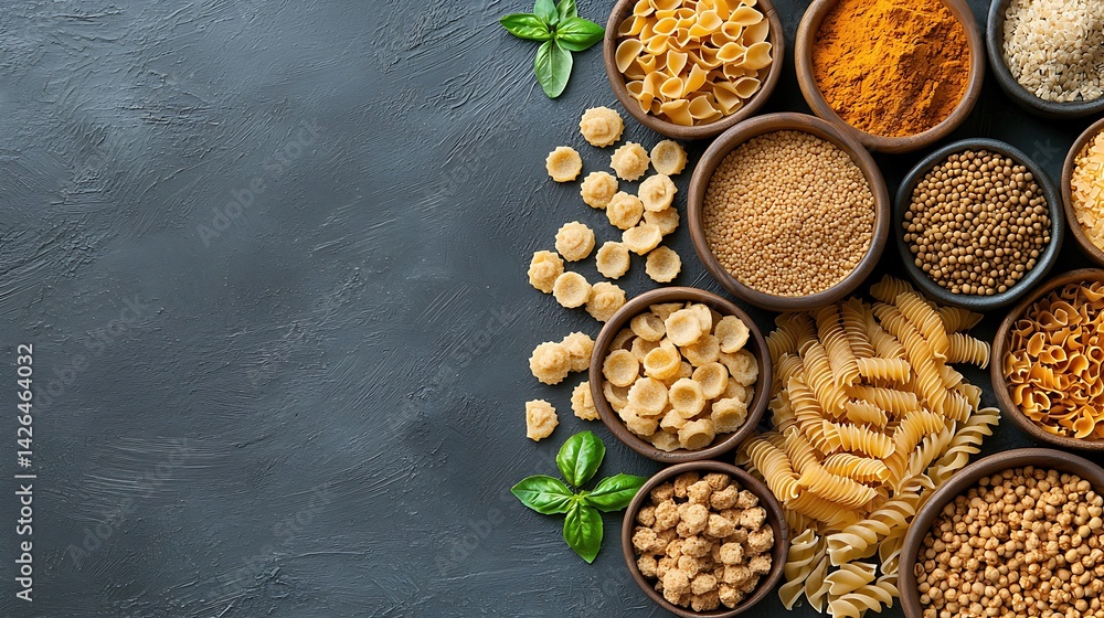 Culinary Composition of Pasta and Ingredients on Dark Background Culinary Composition of Pasta and Ingredients on Dark Background