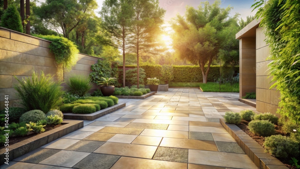 Fototapeta premium Serene Backyard Patio Design with Lush Greenery and Warm Sunlight