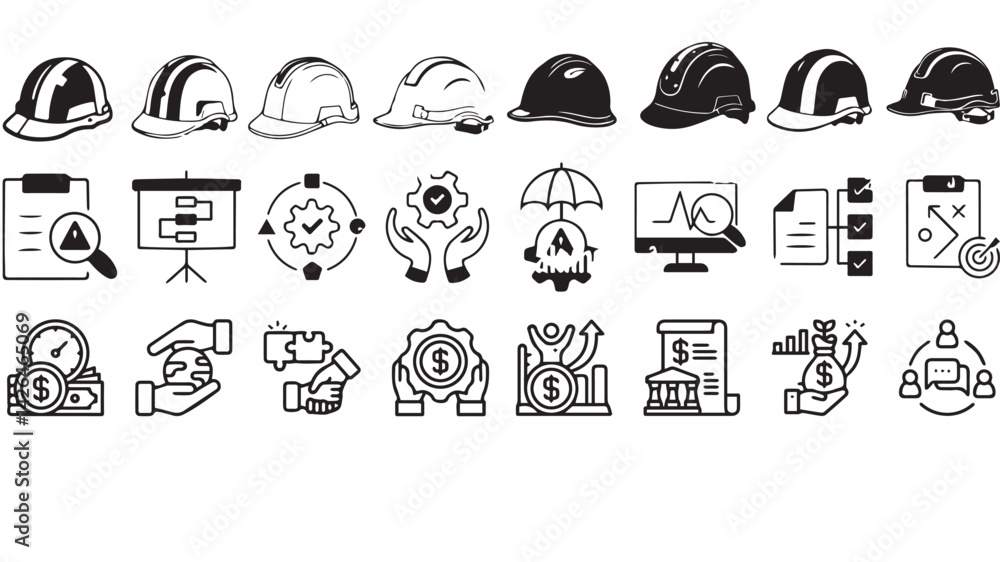 Fototapeta premium emergency, engineer, fire, factory, gear, hazard, helmet, injury, job, production, protect, protection, risk, safe, safety, security, signs, wear, workplace, builder, health, disease editable vector 
