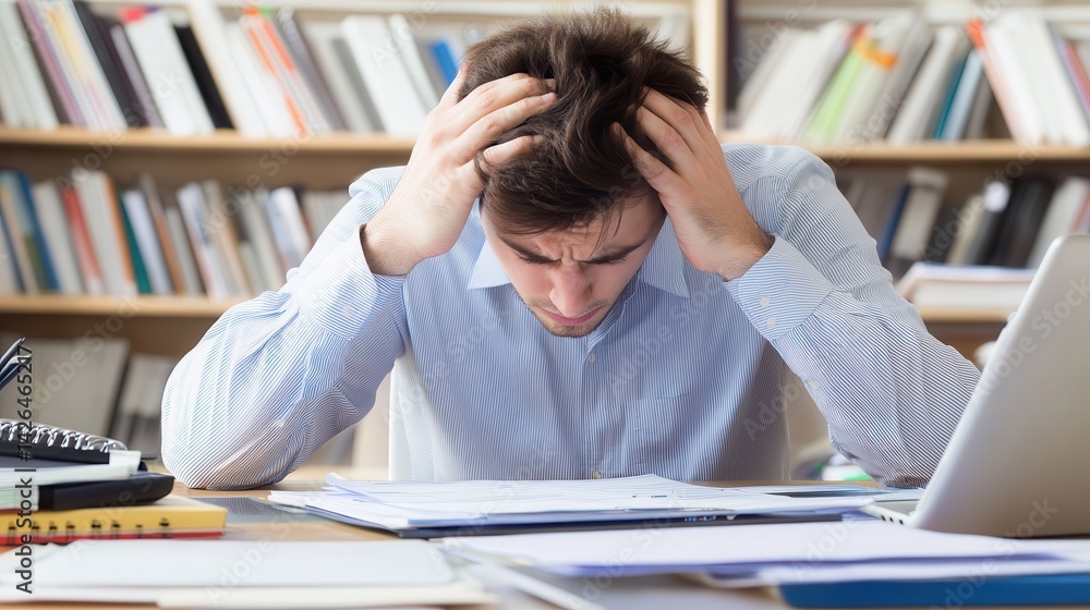 Stressed male entrepreneur sitting at desk while having a headache Stressed male entrepreneur sitting at desk while having a headache