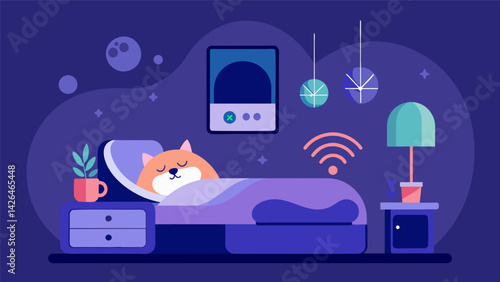 A cozy bed that comes with a builtin sleep monitor featuring a customizable sleep schedule for your pet and soothing background sounds for a peaceful. Vector illustration