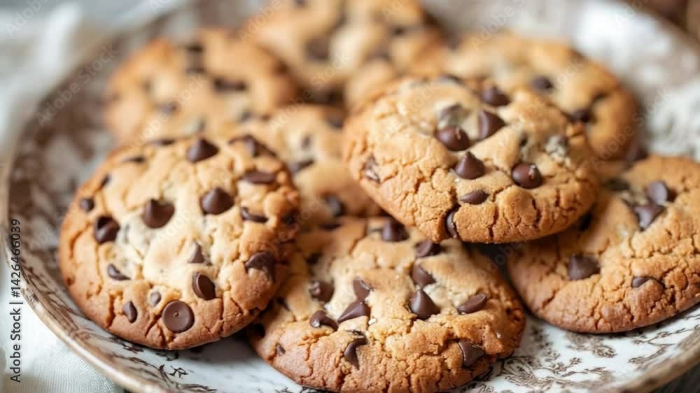 Freshly Baked Chocolate Chip Cookies on Decorative Plate with Soft Focus Background Freshly Baked Chocolate Chip Cookies on Decorative Plate with Soft Focus Background