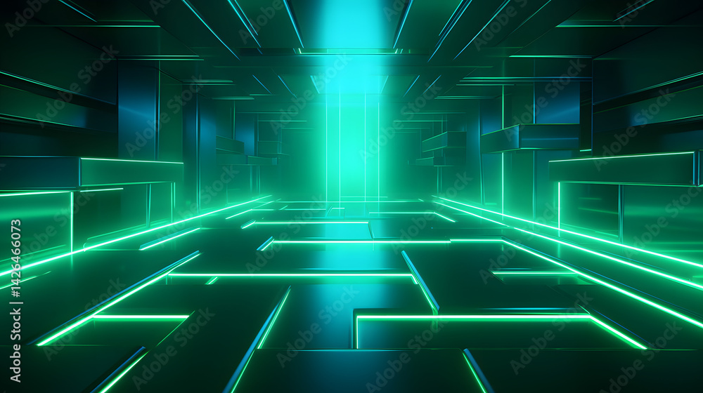 3d rendering of green and blue abstract geometric background. Scene for advertising, technology, showcase, banner, game, sport, cosmetic, business, metaverse. Sci-Fi Illustration. Product display