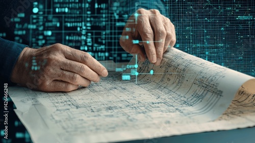 Senior hands reviewing blueprint with digital overlay legacy and innovation