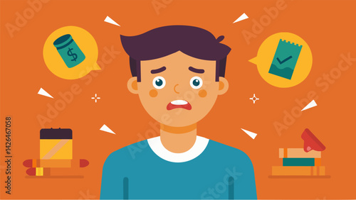 An expression of frustration on a students face as they struggle to find ways to reduce their expenses and stick to their budget.. Vector illustration