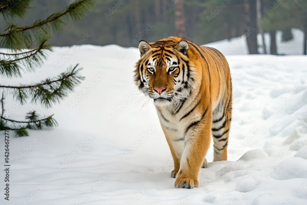 Obraz premium Majestic tiger walking towards the camera in snowy landscape
