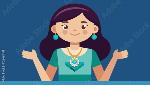 A young girl proudly showing off her custommade jewelry created using a 3D printer.. Vector illustration