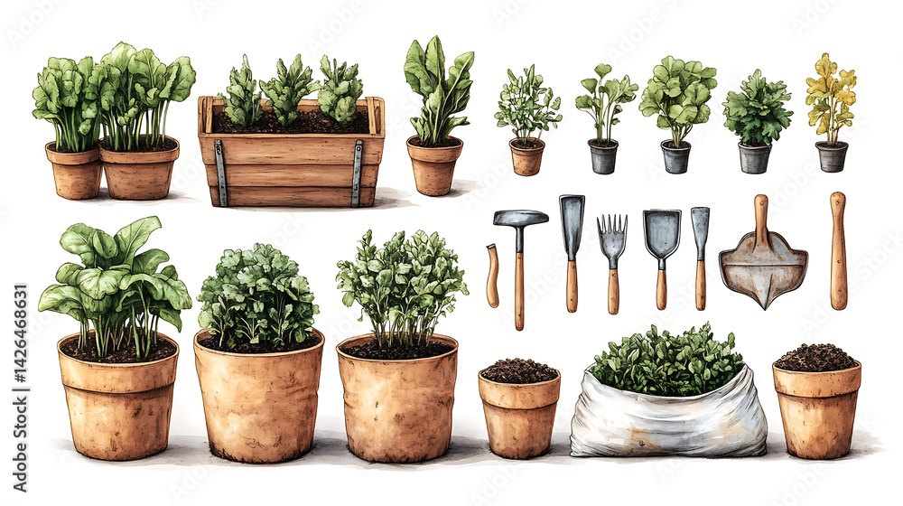 Assorted green potted herbs rustic wooden shelf high resolution image Assorted green potted herbs rustic wooden shelf high resolution image