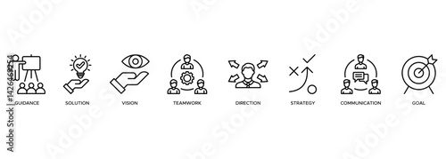 Leadership banner web icons vector illustration icons, with icons of guidance, solution, vision, teamwork, direction, strategy, communication, goal, target, skillful, success, strategy