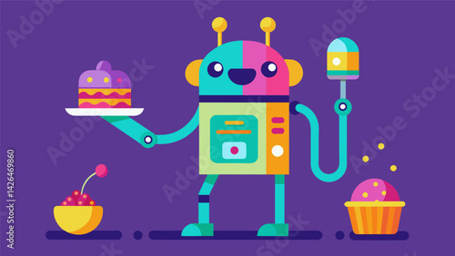A colorful robotic birthday buddy that beeps and dances when its time for your pets special treat to be dispensed.. Vector illustration
