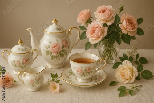 Wallpaper Mural Elegant Floral Tea Set with Fresh Roses and Tea in Fine China Torontodigital.ca